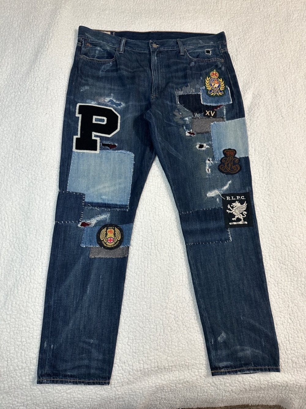 Polo Ralph Lauren Dungarees Patchwork Blue Distressed Denim Pants Wmns Sz 31X30